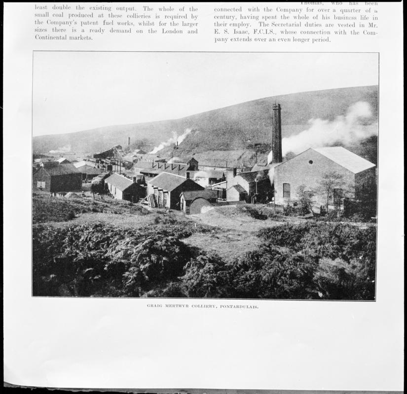 Black and white film negative showing a general view of  Graig Merthyr Colliery, photographed from a publication.  &#039;Graig Merthyr&#039; is transcribed from original negative bag.