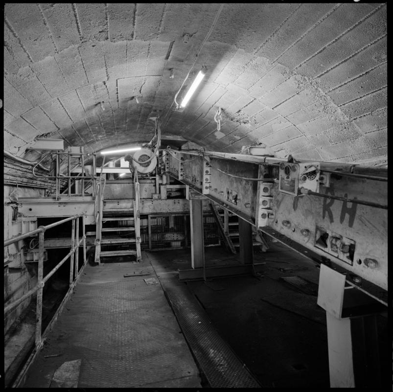 Black and white film negative showing the reconstructed pit bottom at Lady Windsor Colliery.