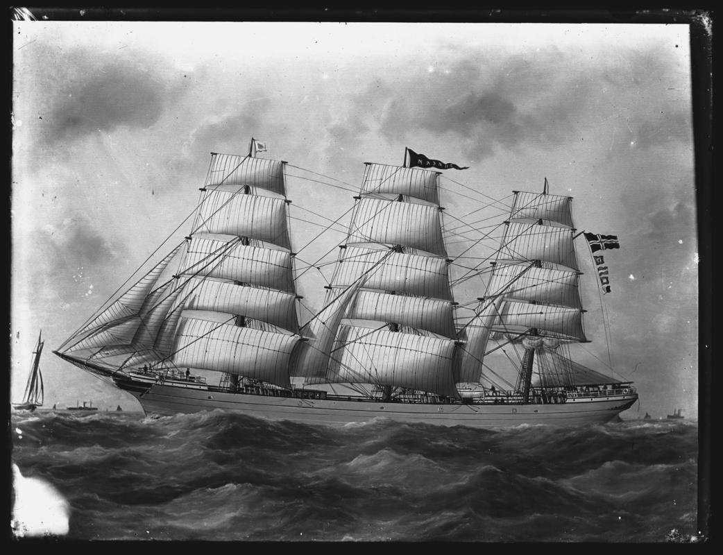 Photograph of a painting showing a port broadside view of the three-masted ship NAJADE.