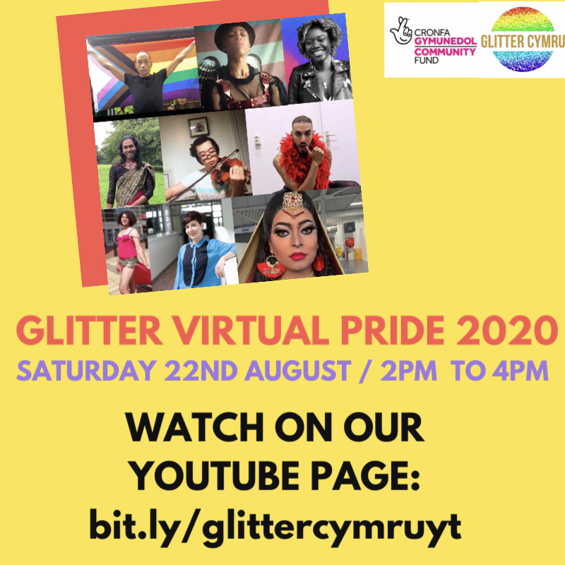 Flyer for Glitter Cymru Virtual Pride held on 22 August 2020