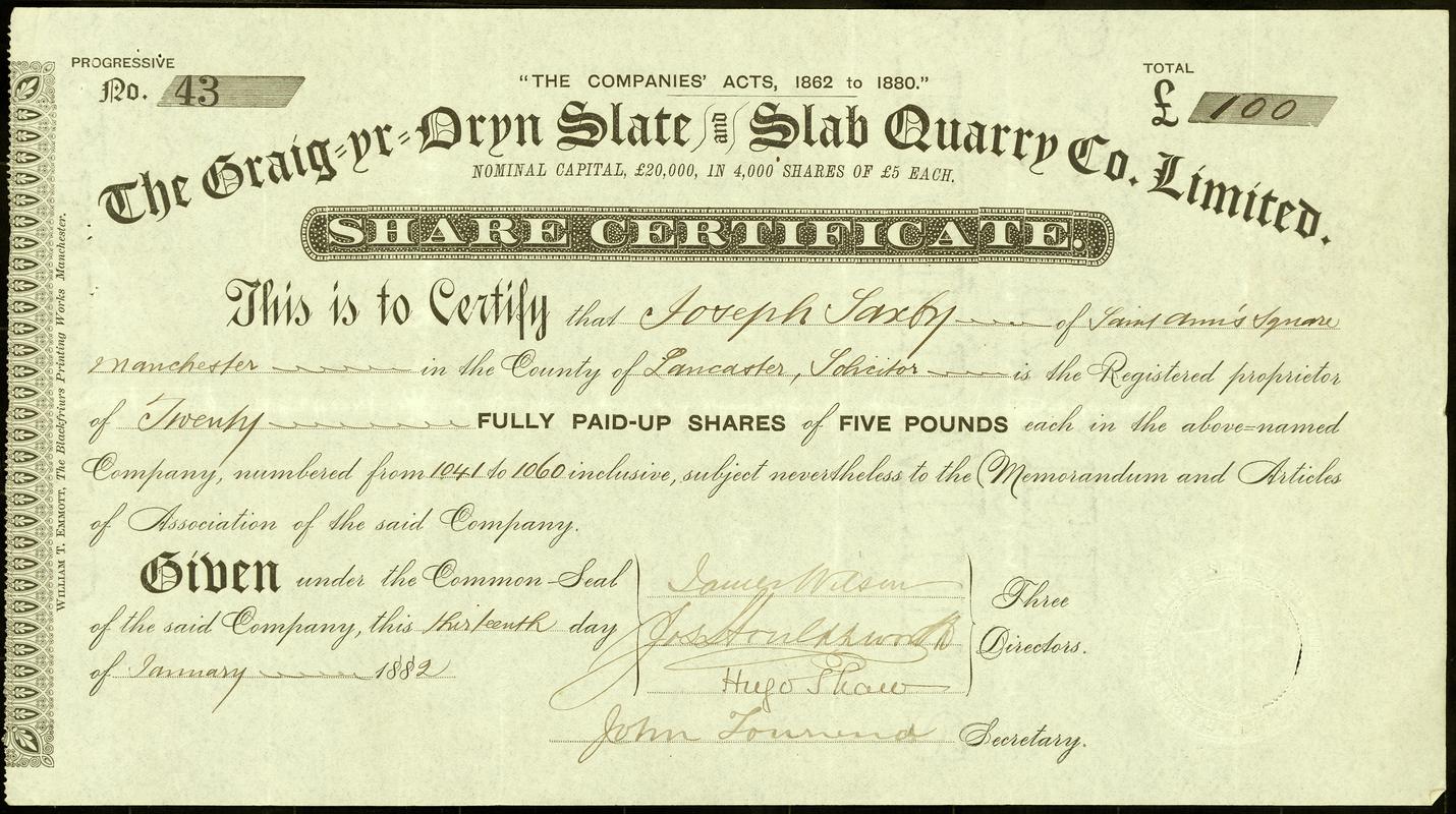 Graig-yr-Oryn Slate & Slab Quarry Co. Ltd, share certificate