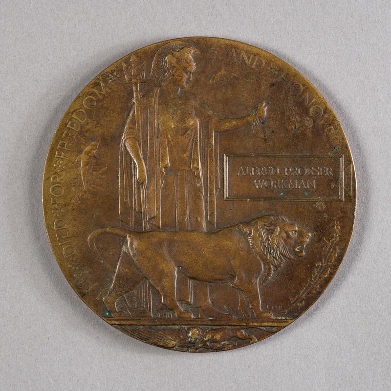 Bronze memorial plaque, often known as the &#039;Dead Man&#039;s Penny&#039;. &#039;Alfred Prosser Workman&#039;