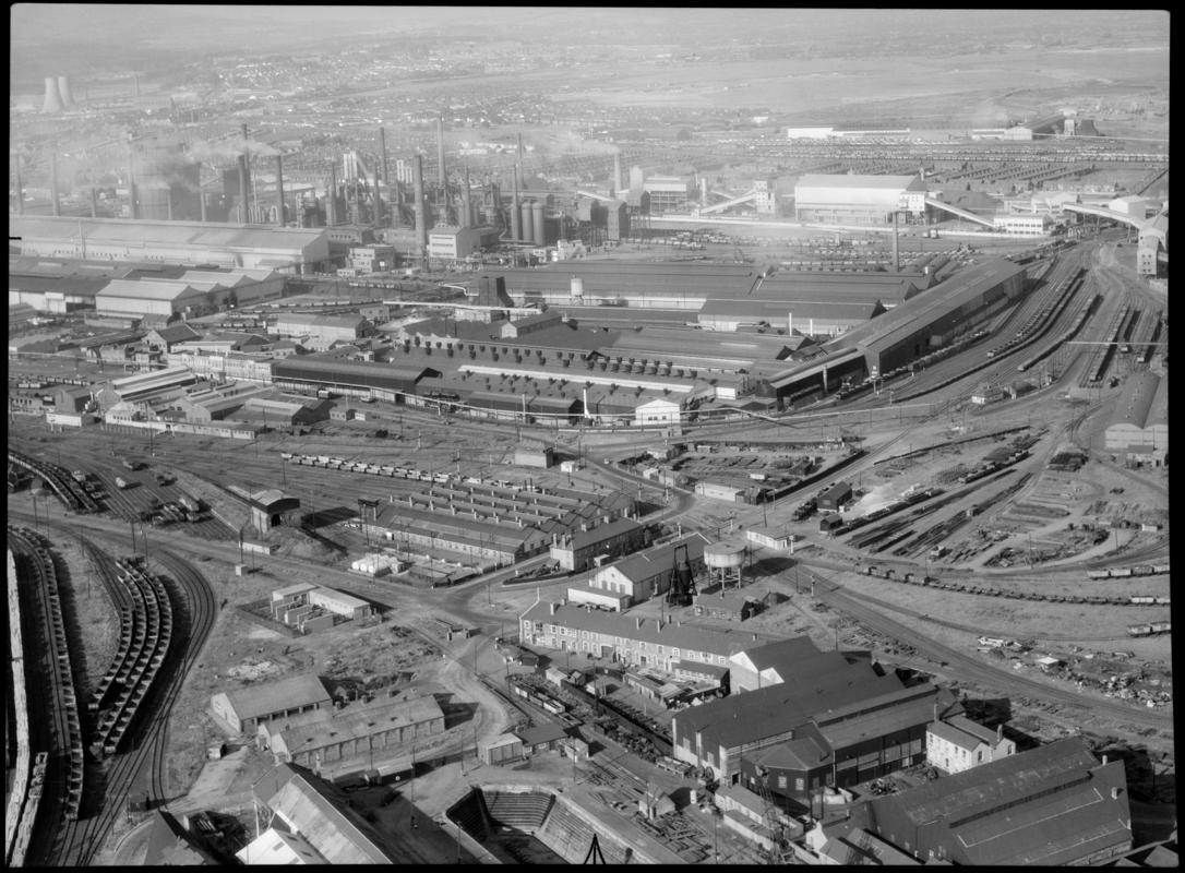 Aerial view of Guest, Keen &amp; Baldwins Iron &amp; Steel Ltd, East Moors, Cardiff.