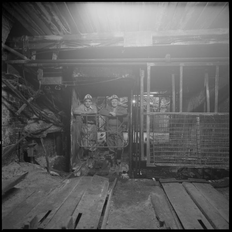 Black and white film negative showing pit bottom, Lewis Merthyr Colliery.