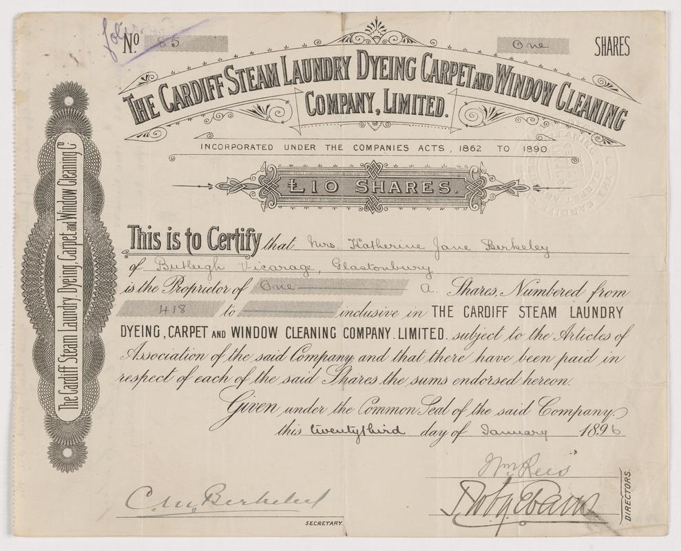 The Cardiff Steam Laundry Dyeing Carpet and Window Cleaning Company Limited, £10 ordinary shares, 1896