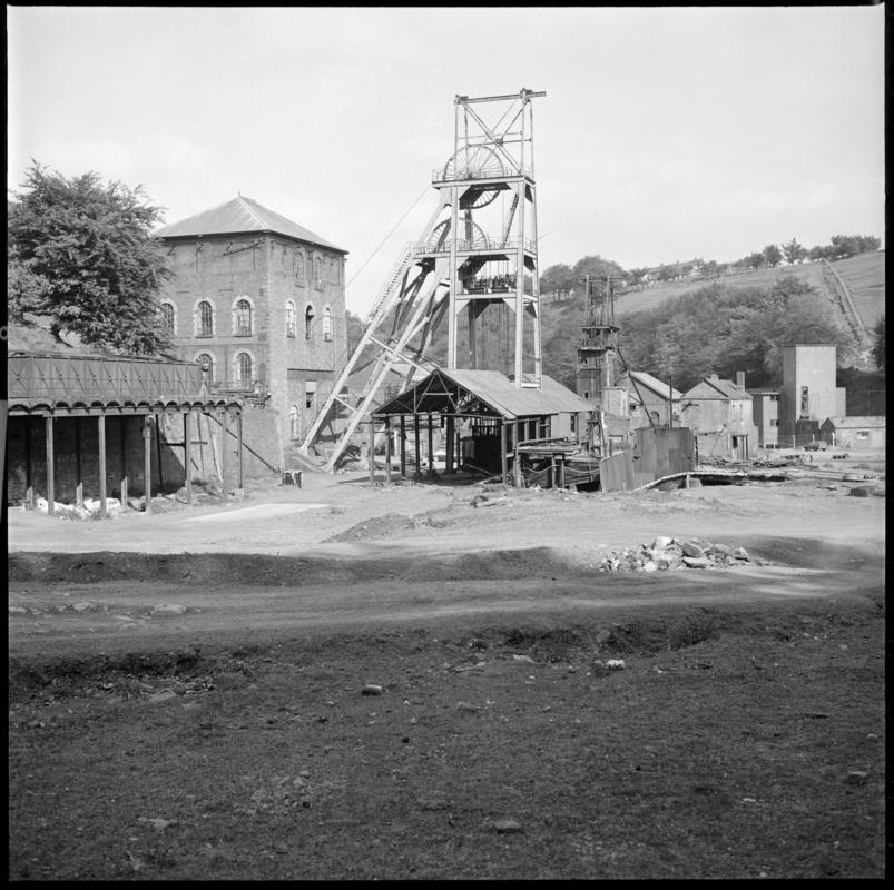 Black and white film negative showing a surface view of Tirpentwys Colliery, 1975. &#039;Tirpentwys Colliery&#039; is transcribed from original negative bag.