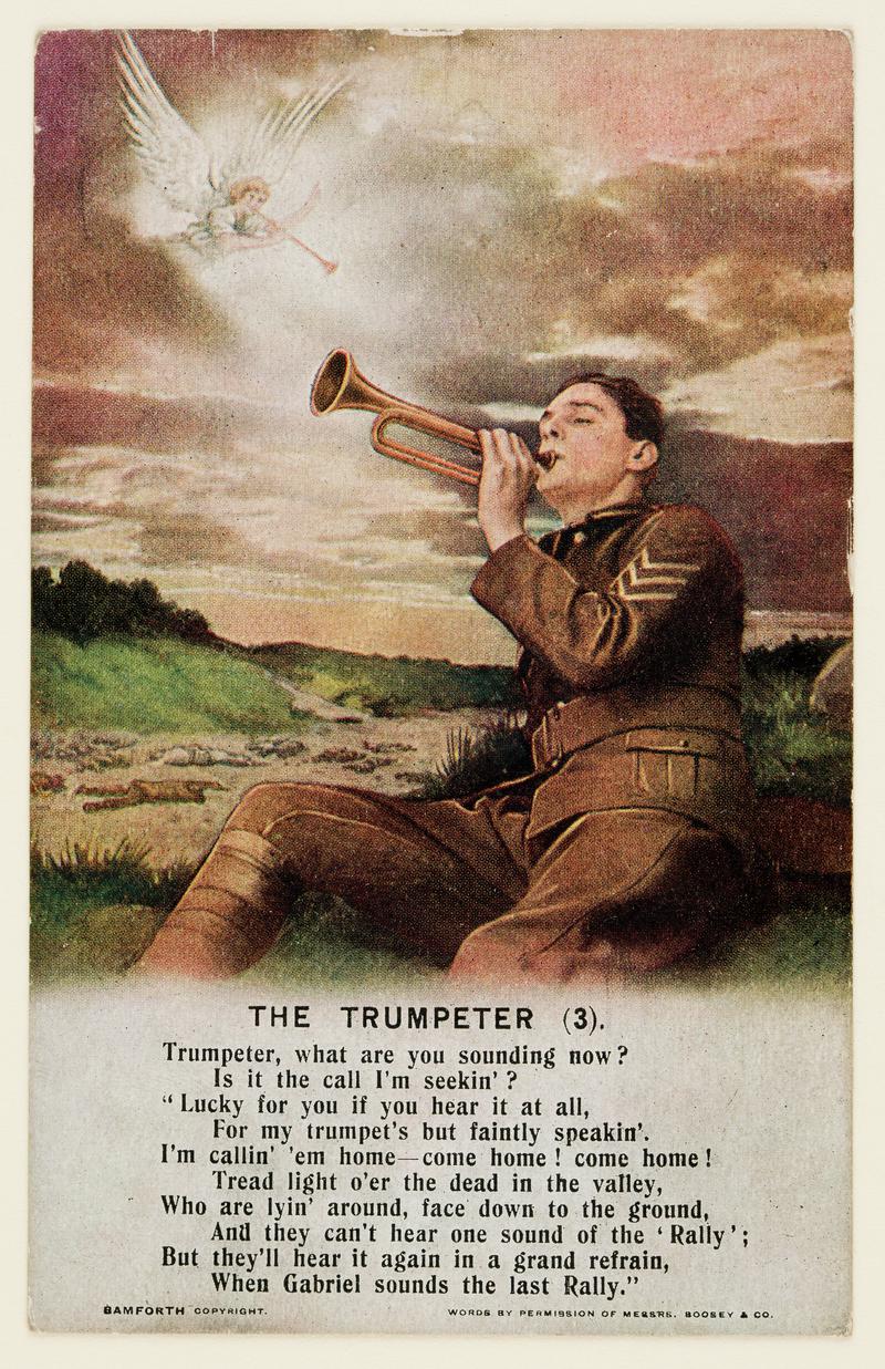 Postcard showing Soldier blowing trumpet and Angel responding to his call