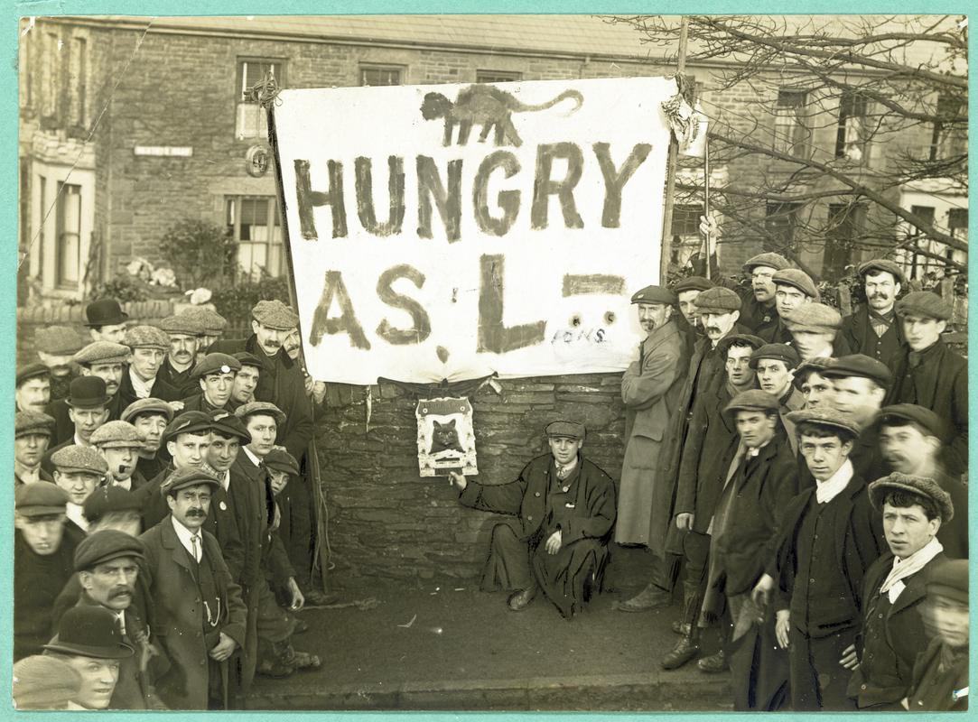 Cambrian Combine Strike. &#039;Hungry as Lions&#039; banner, Gilfach Goch demo