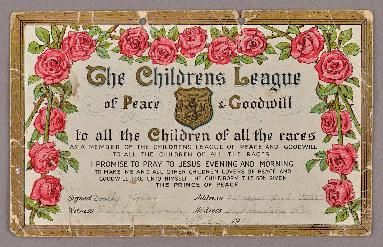 Membership card of The Childrens League of Peace and Goodwill, 1926
