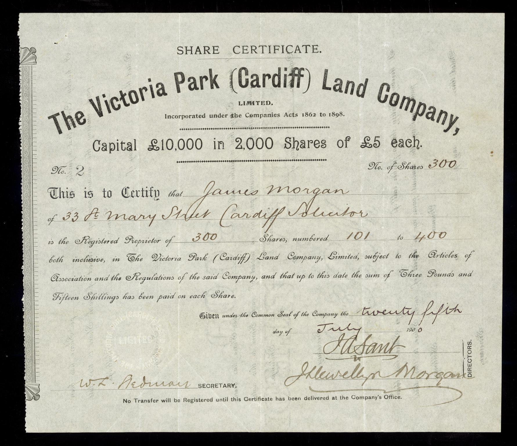 Victoria Park (Cardiff) Land Co. Ltd., share cert