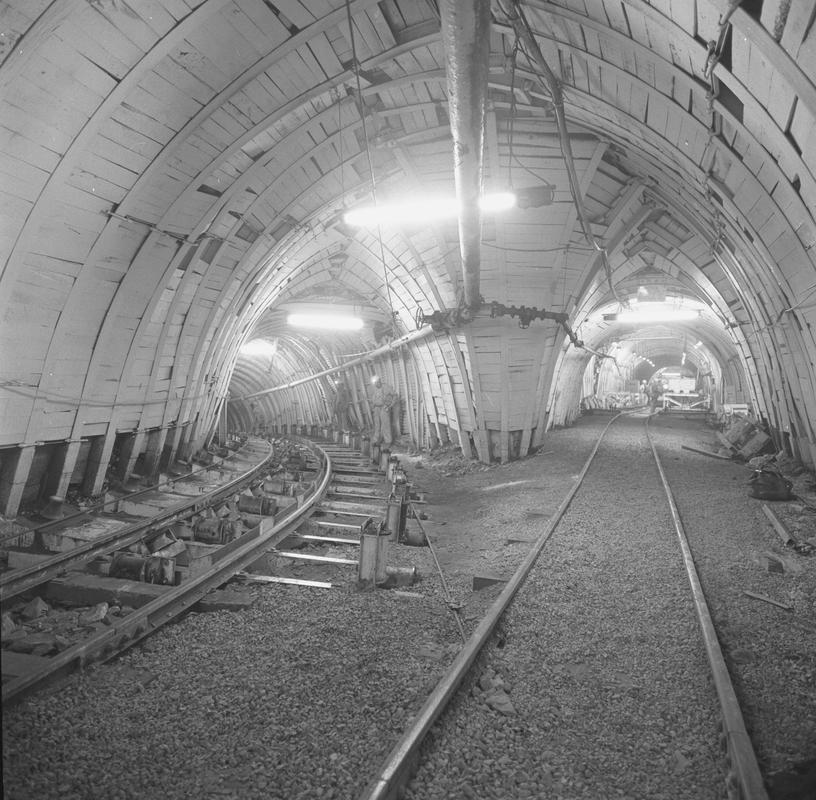 Black and white film negative showing an underground junction, Oakdale Colliery, May 1980.  &#039;Oakdale May 1980&#039; is transcribed from original negative bag.