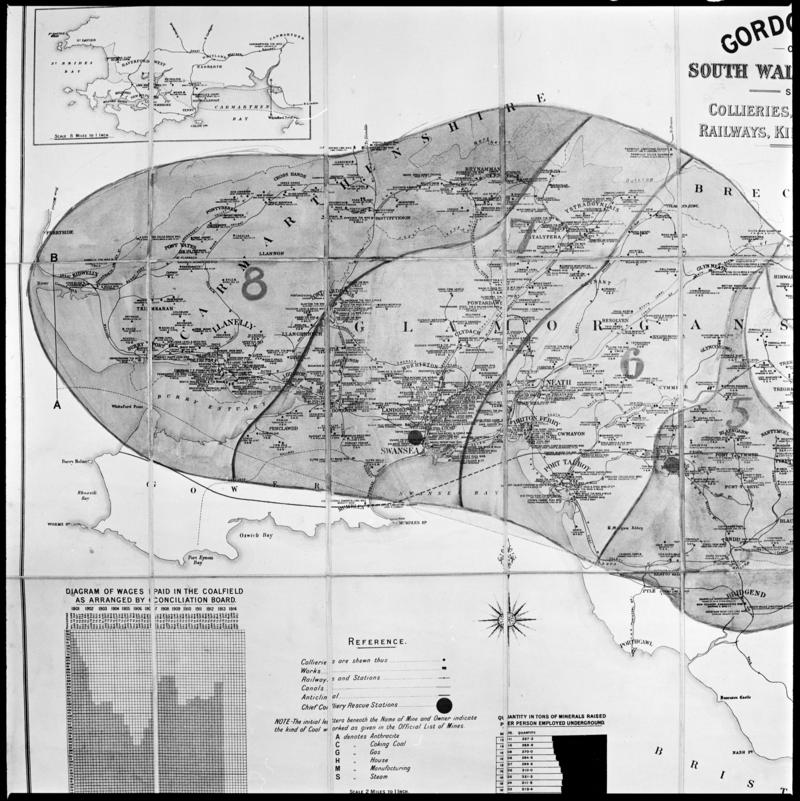 Black and white film negative of the &#039;Gordon&#039;s Map of the South Wales Coalfield showing collieries, works, owners, railways, kinds of coal etc&#039;.