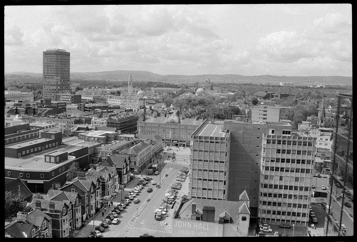 View from top of building on Churchill Way, looking north, north west at Cathays Park and Pearl Building.