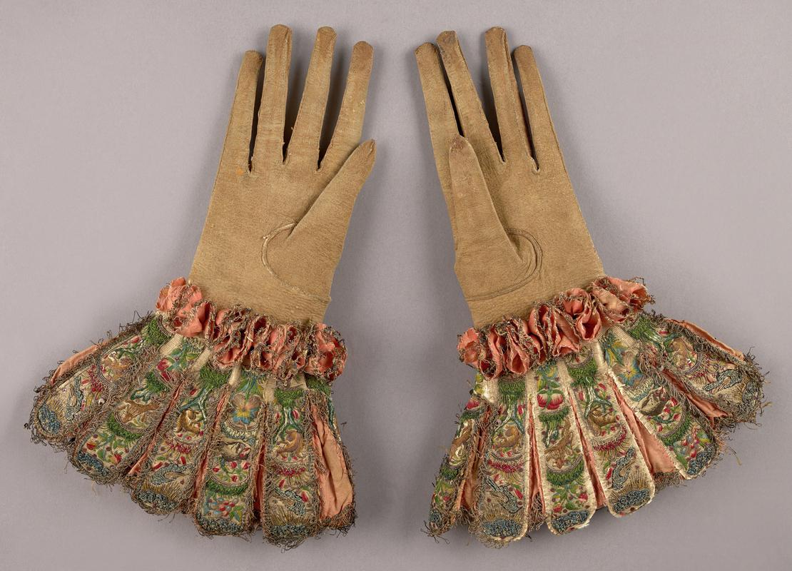 Pair of embroidered gloves, 17th century