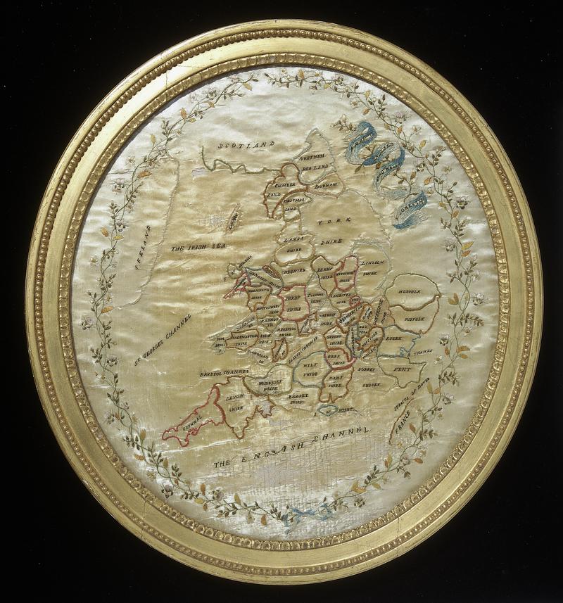 Sampler (map of England and Wales), made in Berriew, 1796