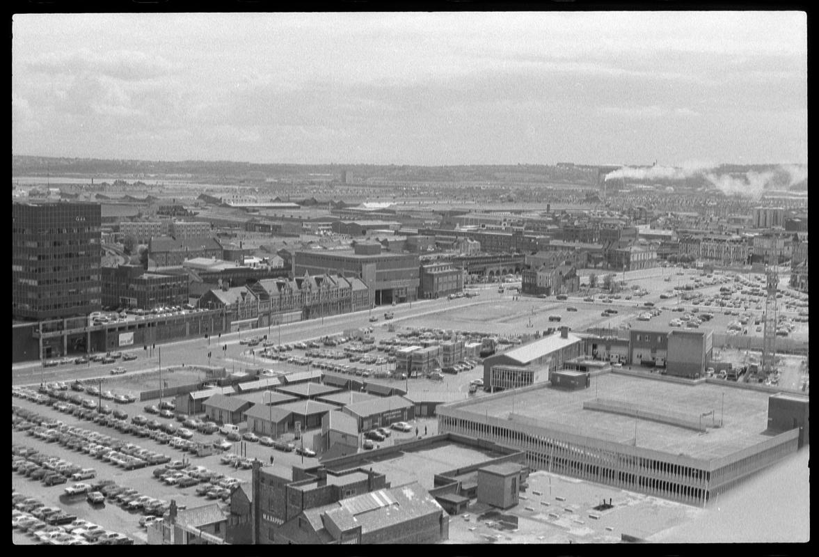 View from top of building on Churchill Way, looking south west towards Bute Terrace, with Leckwith in background.