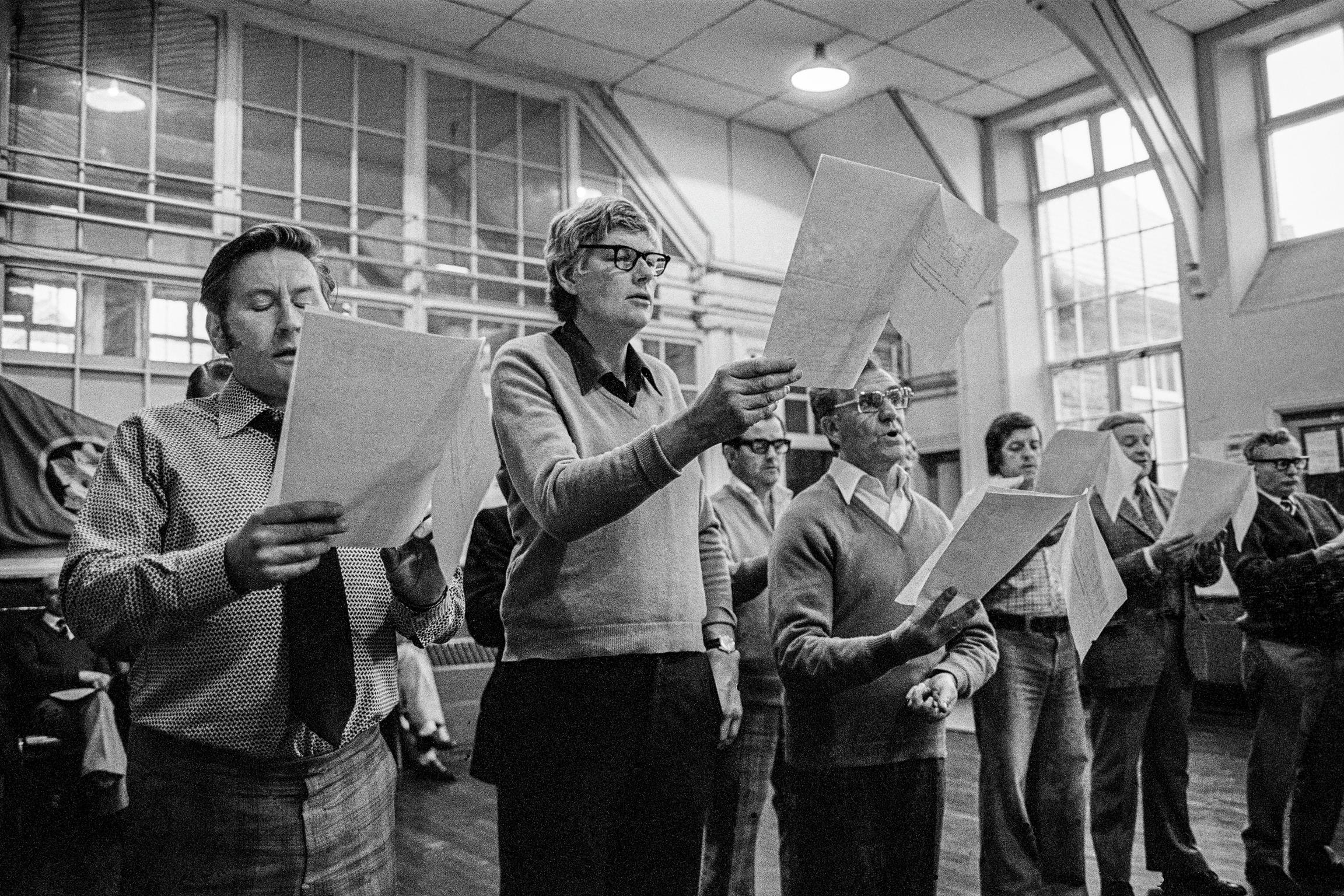Male voice choir in rehersal. Treorchy, Wales