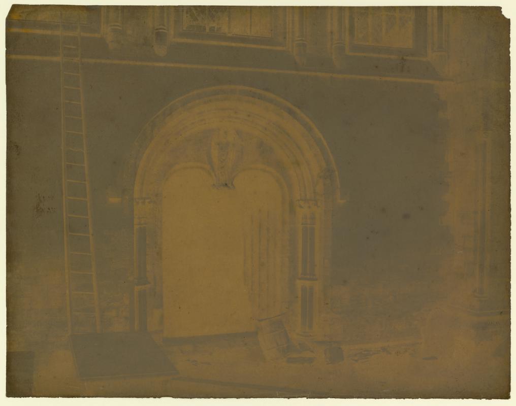 Wax paper calotype negative. Llandaff Cathedral - West Entrance (1855-1860)