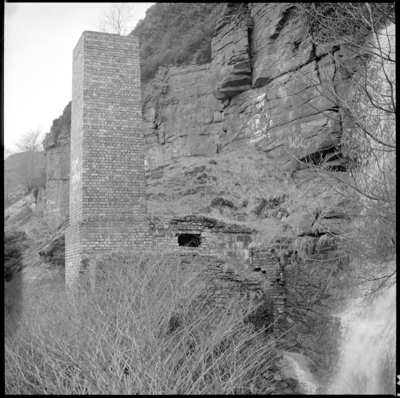 Black and white film negative showing a level and furnace stack, Trehafod, March 1980.  &#039;Level and furnace stack, Trehafod 3/80&#039; is transcribed from original negative bag.