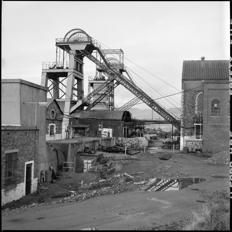 Black and white film negative showing the upcast and downcast shafts, Coegnant Colliery, 25 November 1981.  &#039;25 Nov 1981&#039; is transcribed from original negative bag.  Appears to be identical to 2009.3/2077.