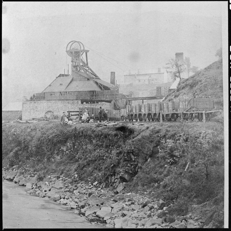 Black and white film negative of a photograph showing a general surface view of Cymmer Colliery, 1860s.   &#039;Cymmer&#039; is transcribed from original negative bag.  Appears to be identical to 2009.3/2449.