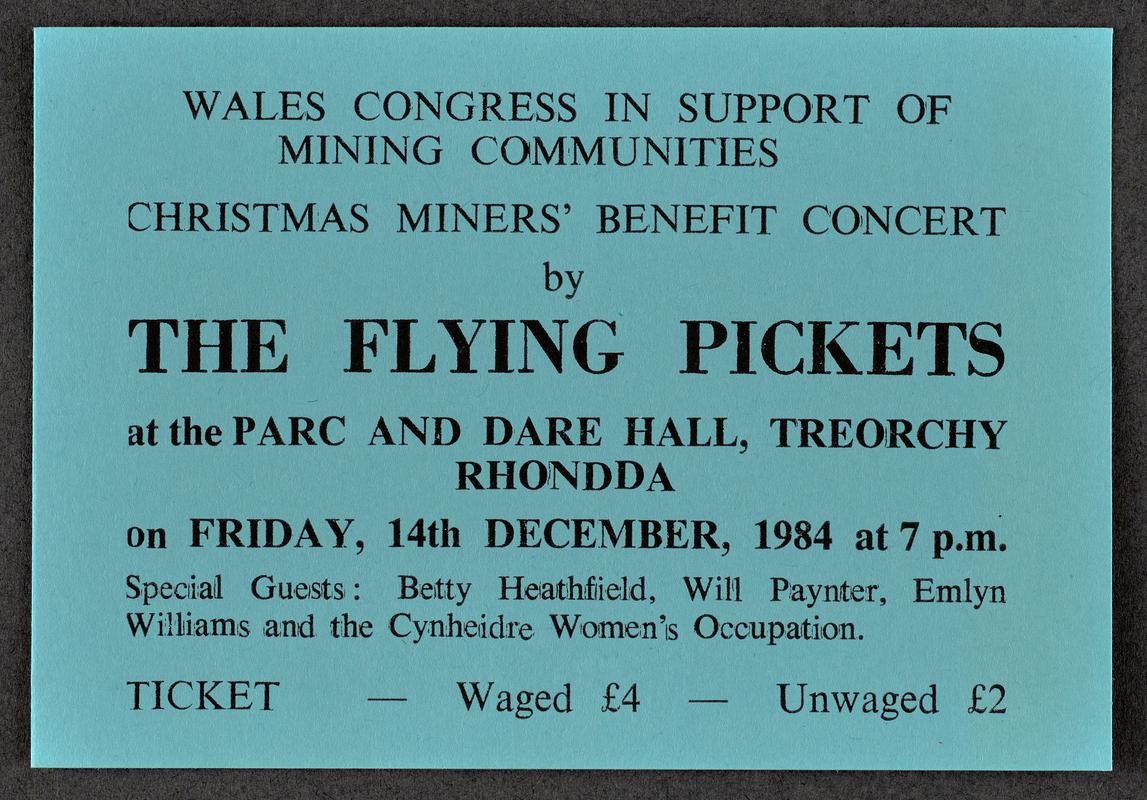 Ticket to &#039;Flying Pickets&#039; miners&#039; support gig, Parc and Dare Hall, Treorchy