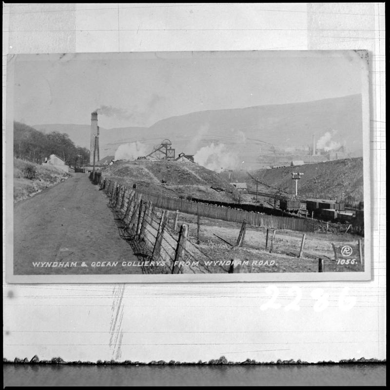 Black and white film negative of a photograph showing a view towards Wyndham Colliery.  Caption on photograph states &#039;Wyndham &amp; Ocean Collieries from Wyndham Road&#039;.