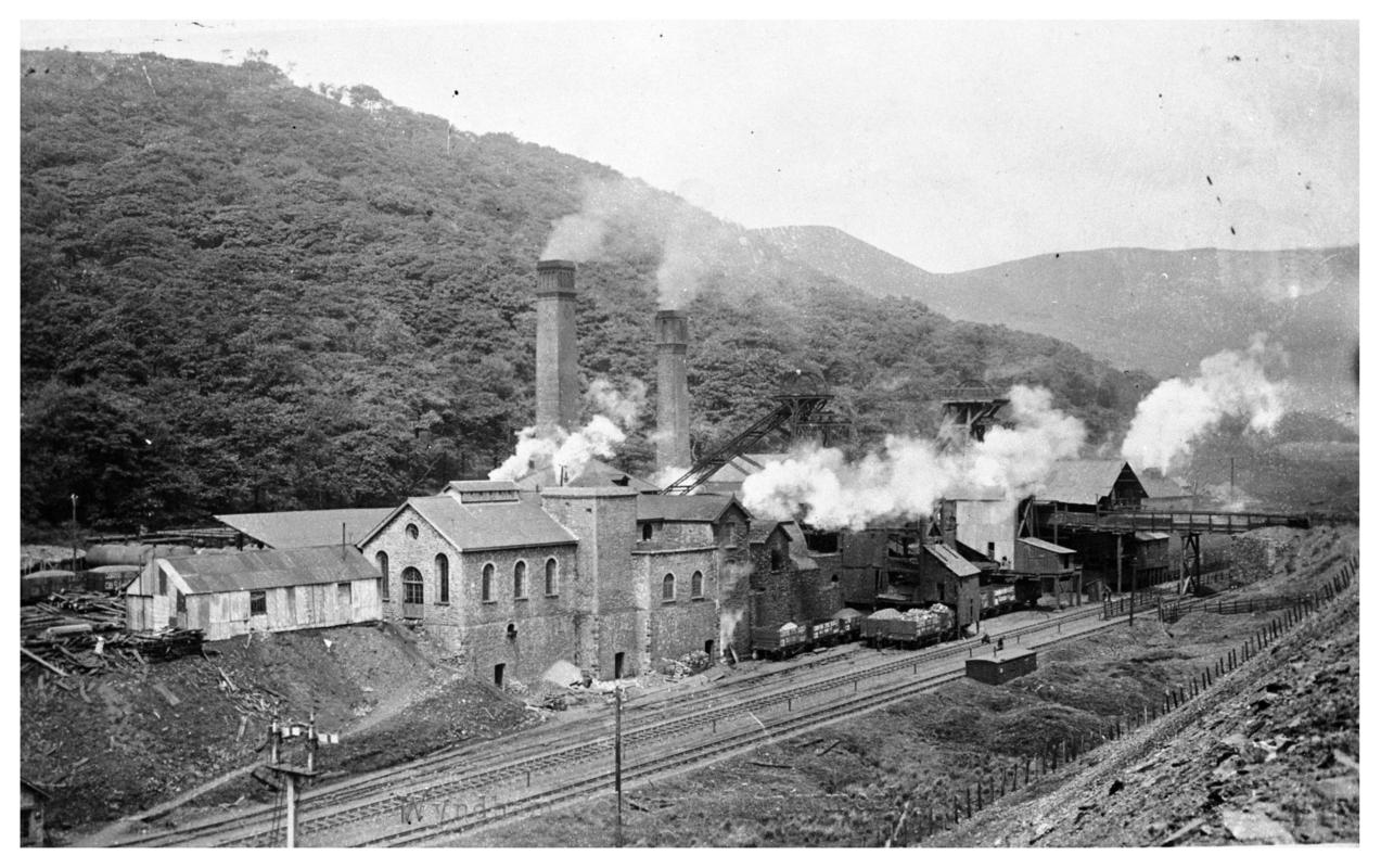 Black and white film negative of a photograph showing a surface view of Wyndham Colliery.