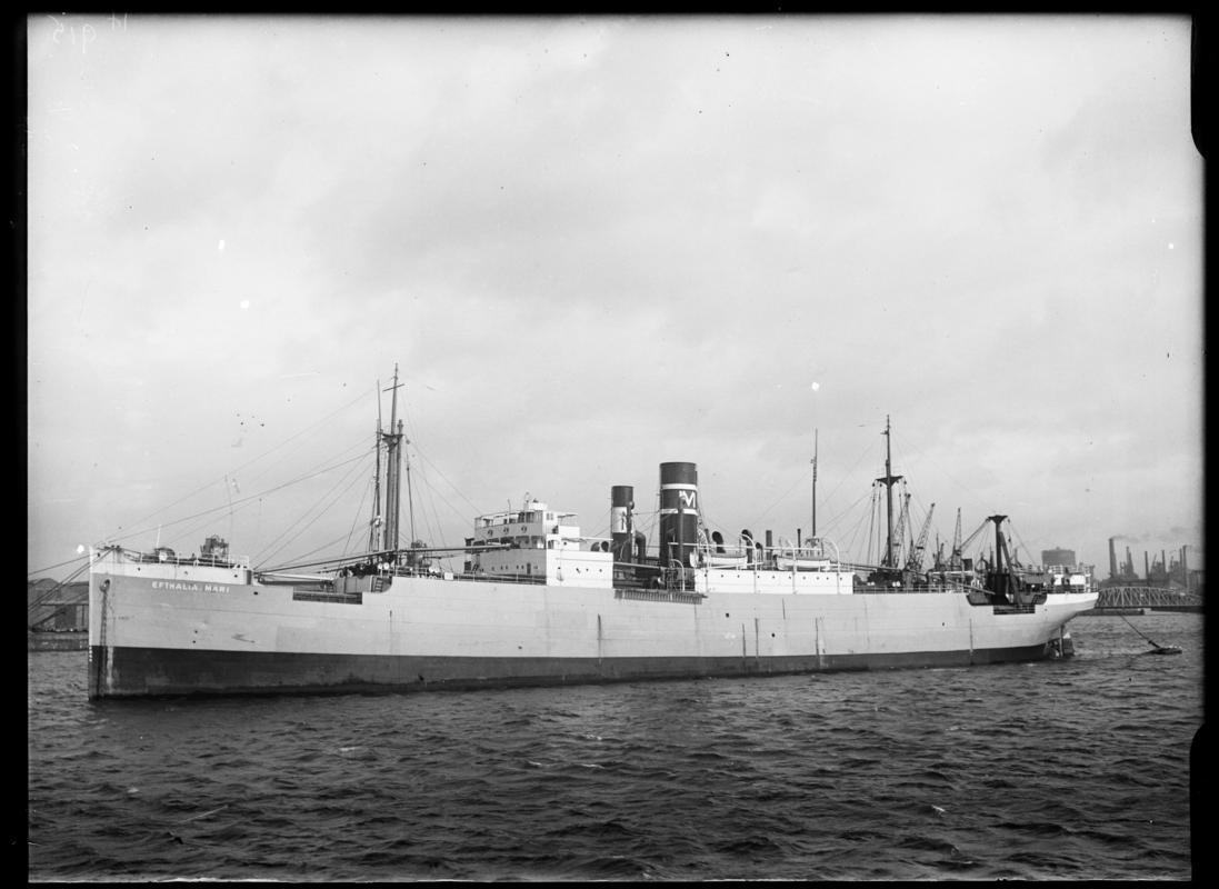 Port broadside view of S.S. EFTHALIA MARI at Cardiff Docks, c.1936.