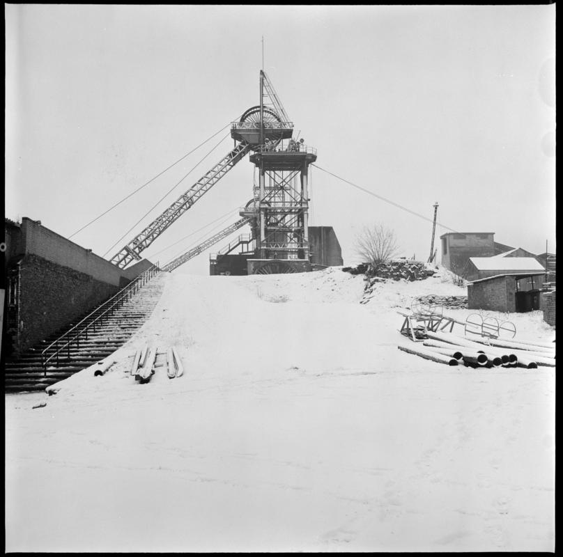 Black and white film negative showing the upcast and downcast headgear, Abercynon Colliery.  &#039;Abercynon&#039; is transcribed from original negative bag.