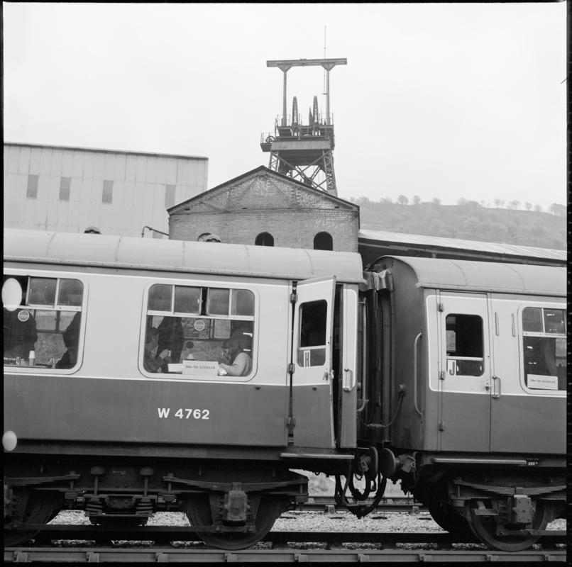 Black and white film negative showing locomotive carriages at Abertillery New Mine, 1977. &#039;1977&#039; is transcribed from original negative bag.  Appears to be identical to 2009.3/2331.