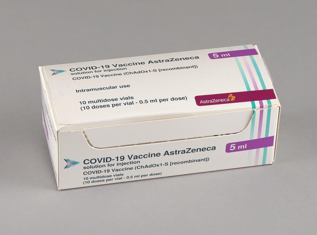Ten empty &#039;COVID-19 Vaccine AstraZeneca&#039; vials.