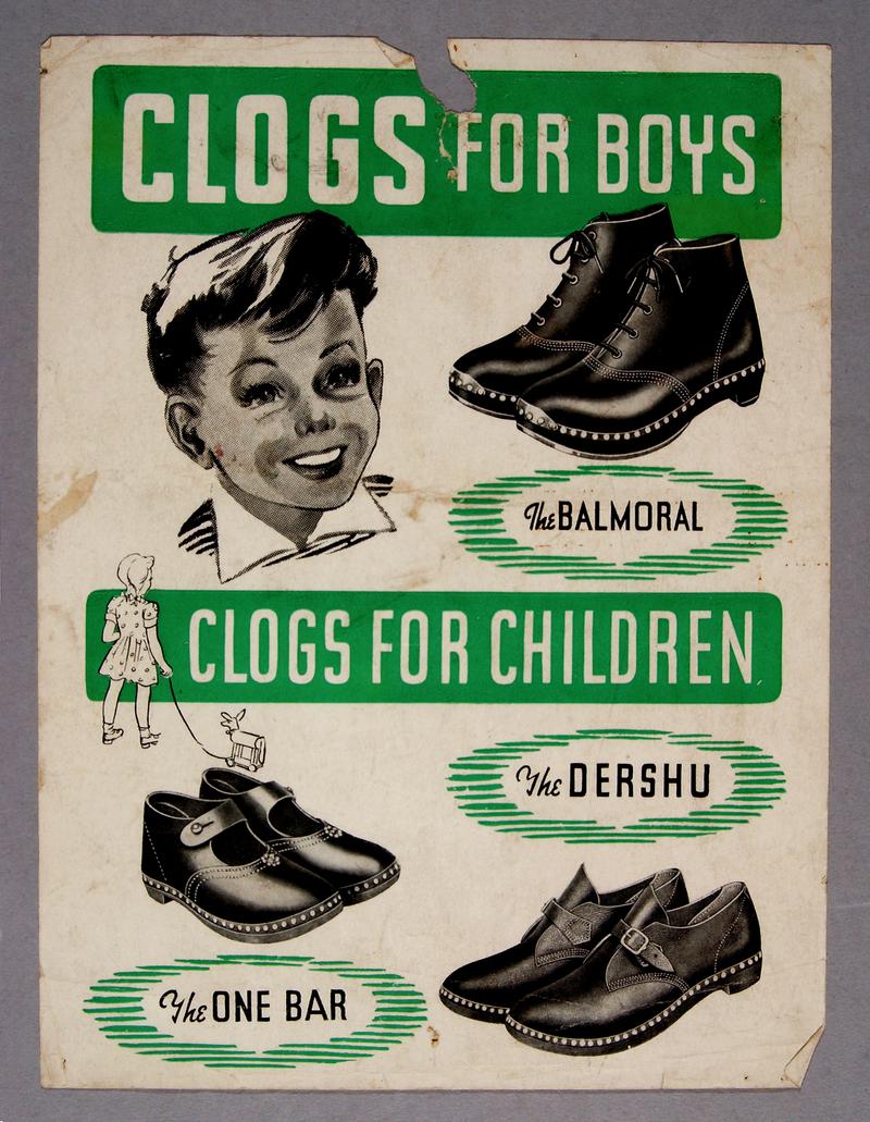 Adertisement showing clog styles for children