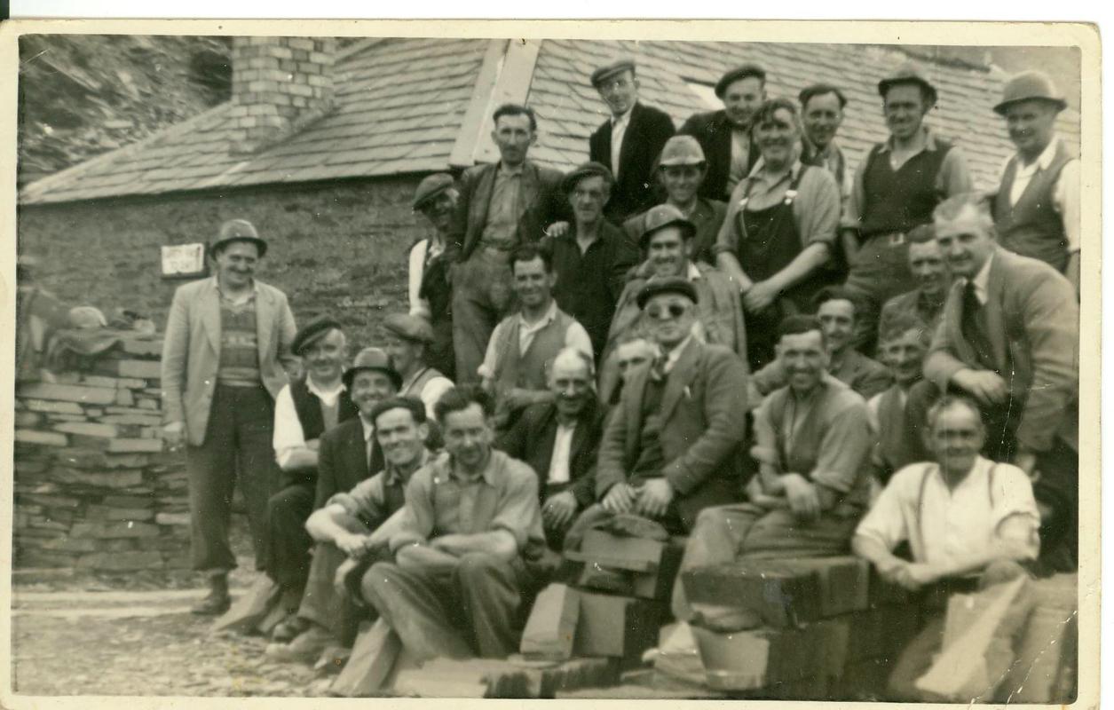 Group of quarrymen at Dinorwig Slate Quarry. Back row, second from right: John Meirion Evans