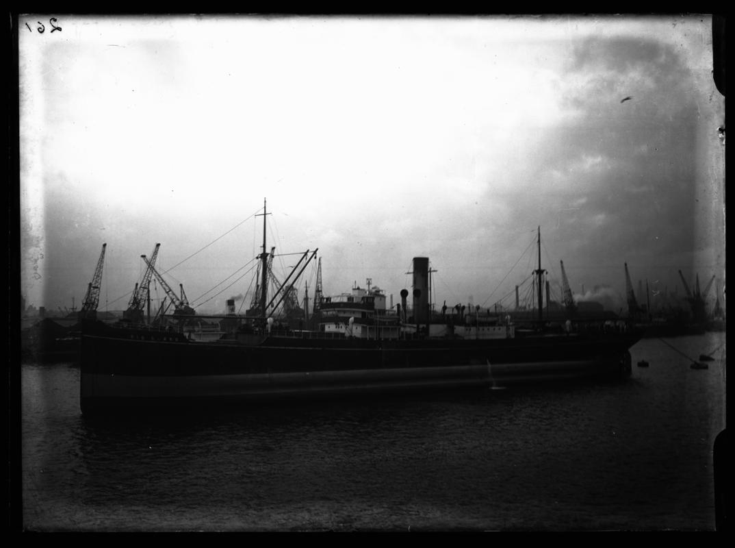 Port broadside view of S.S. RIO CLARO at Cardiff docks, c.1936.