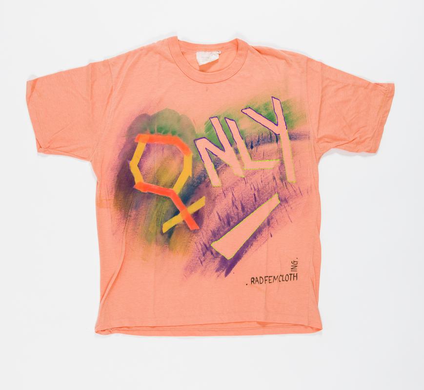 Peach t-shirt with women symbol and word &#039;Only&#039;.
