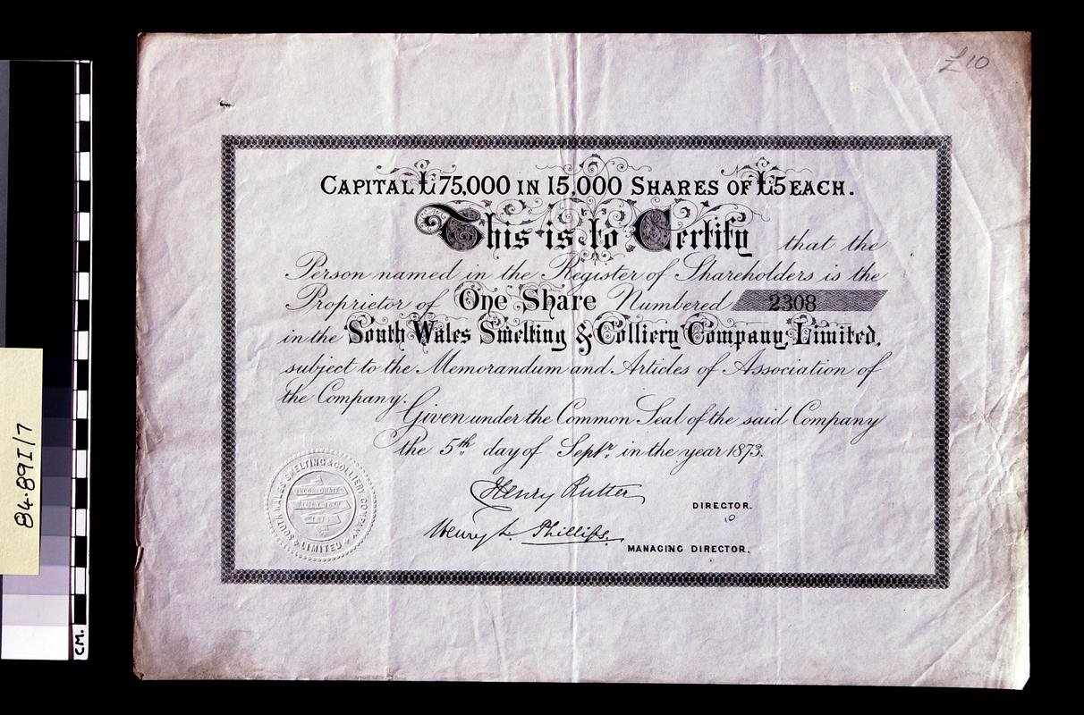 South Wales Smelting &amp; Colliery Co. Ltd share cert