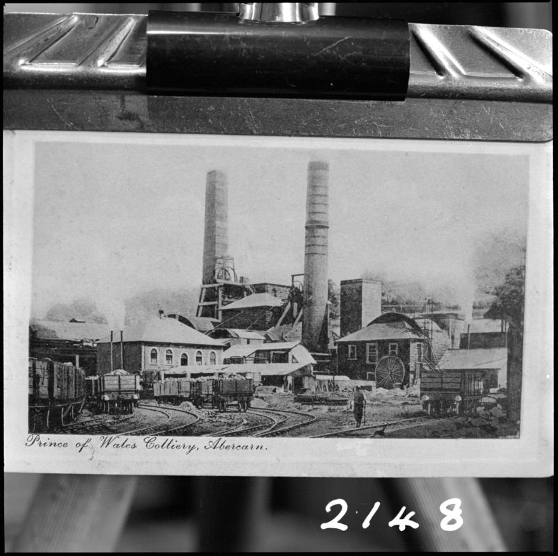 Black and white film negative of a photograph showing a general surface view of Prince of Wales Colliery, Abercarn.  &#039;Prince of Wales Abercarn&#039; is transcribed from original negative bag.