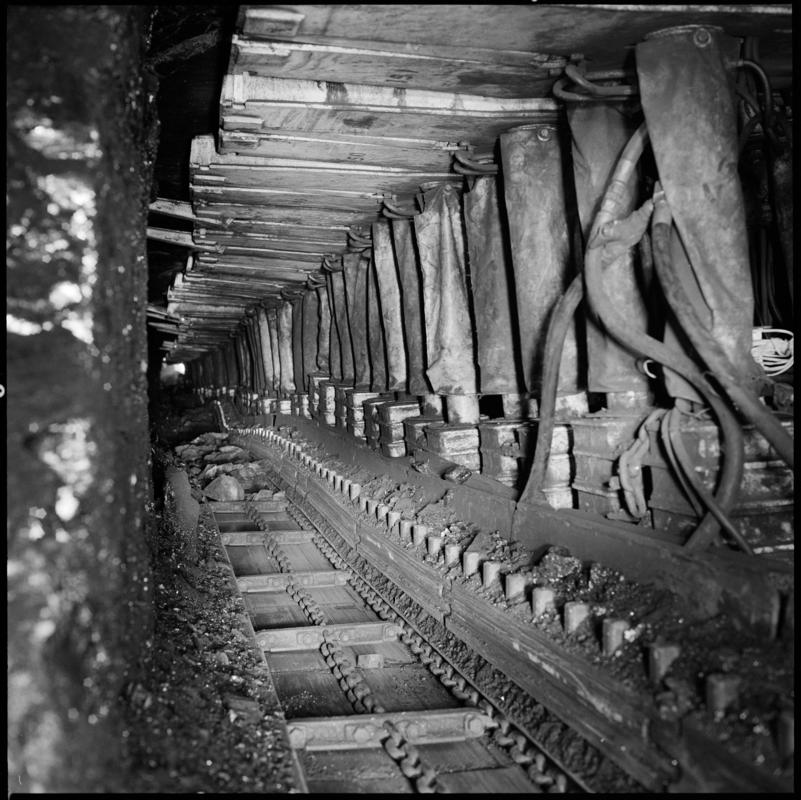 Black and white film negative showing Gullick Dobson chocks for chainless haulage, Merthyr Vale Colliery.