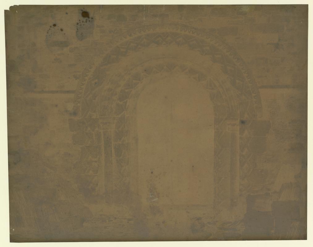 Wax paper calotype negative. Llandaff Cathedral - Saxon doorway (1855-1860)