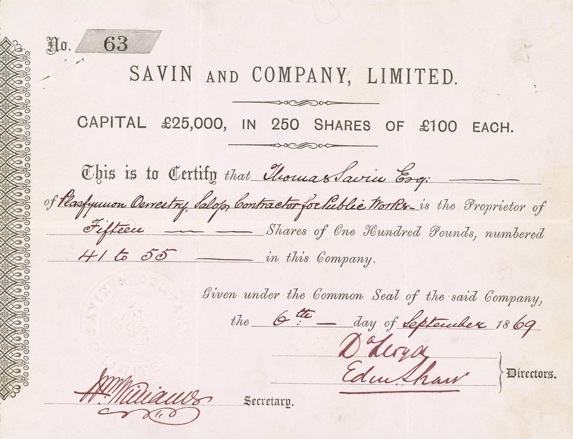 Savin & Company Ltd. share certificate