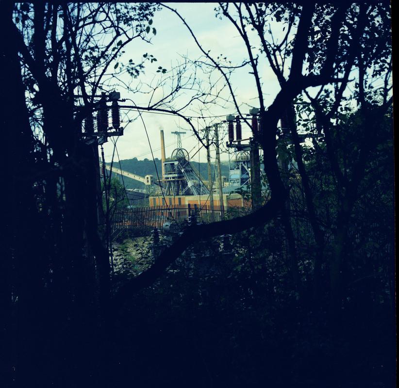 Colour film negative showing a view towards the upcast and downcast shafts, Nantgarw Colliery.  &#039;Nantgarw&#039; is transcribed from original negative bag.
