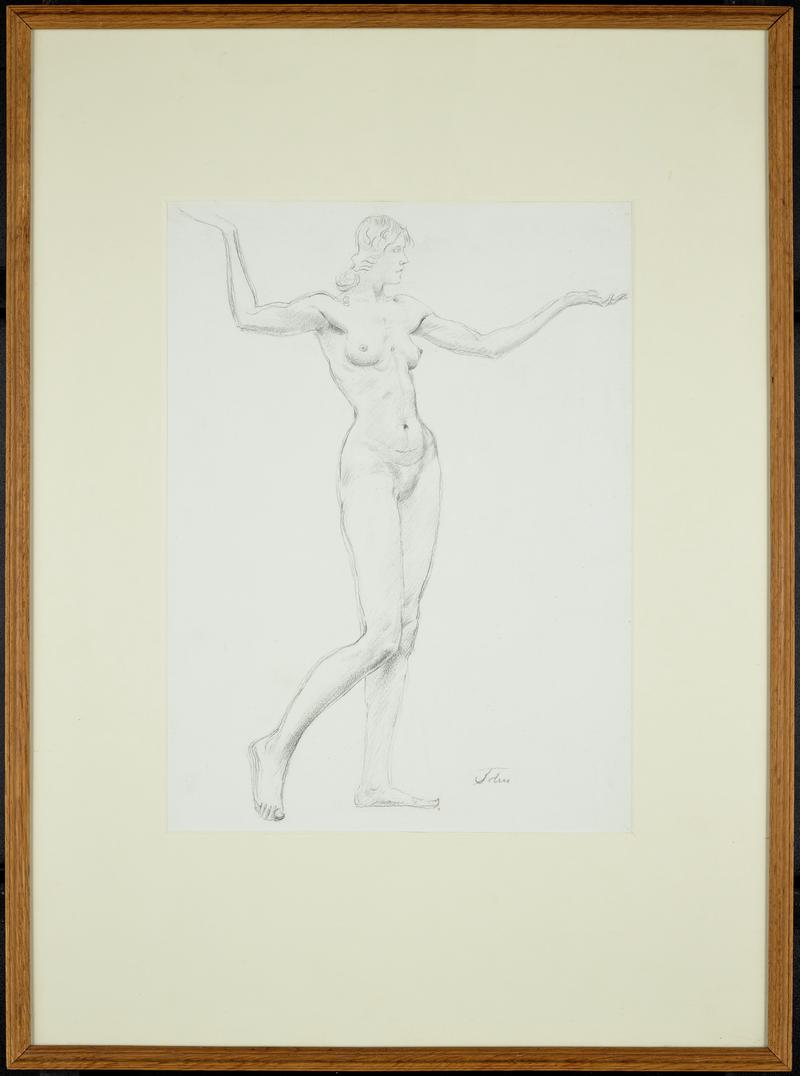 Female nude standing, with both arms outstretched