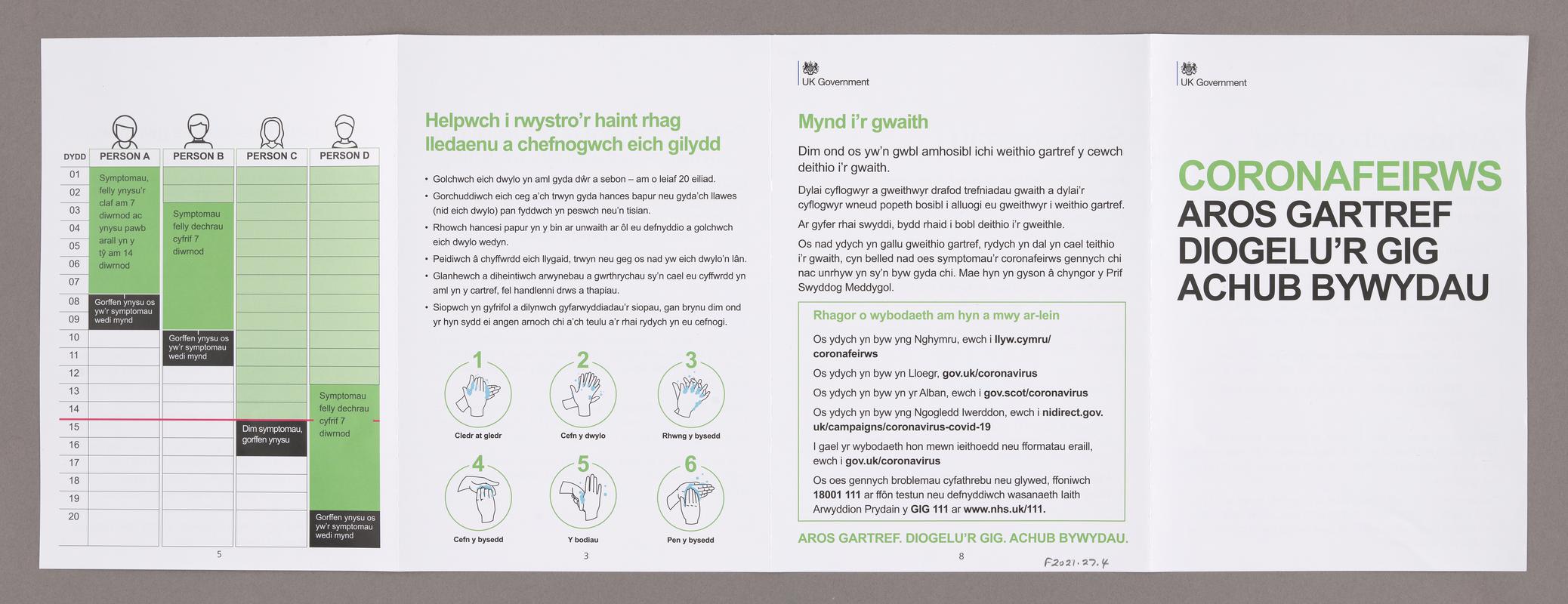 Leaflet &#039;Coronafeirws Aros Gartref Diogelu&#039;r Gig Achub Bywydau&#039; sent by UK Government to every UK household in April 2020.