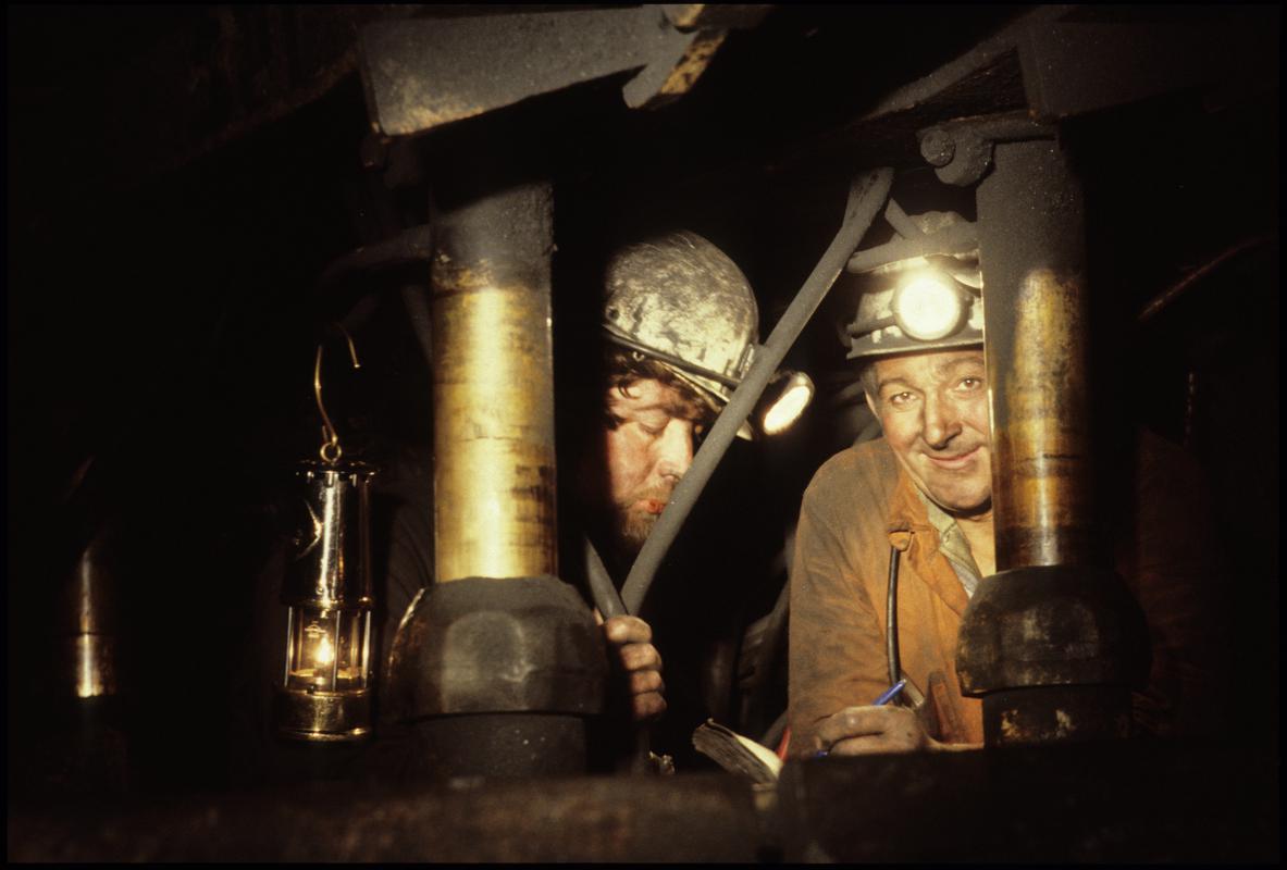 Colour film slide showing two miners underground, Betws Mine.