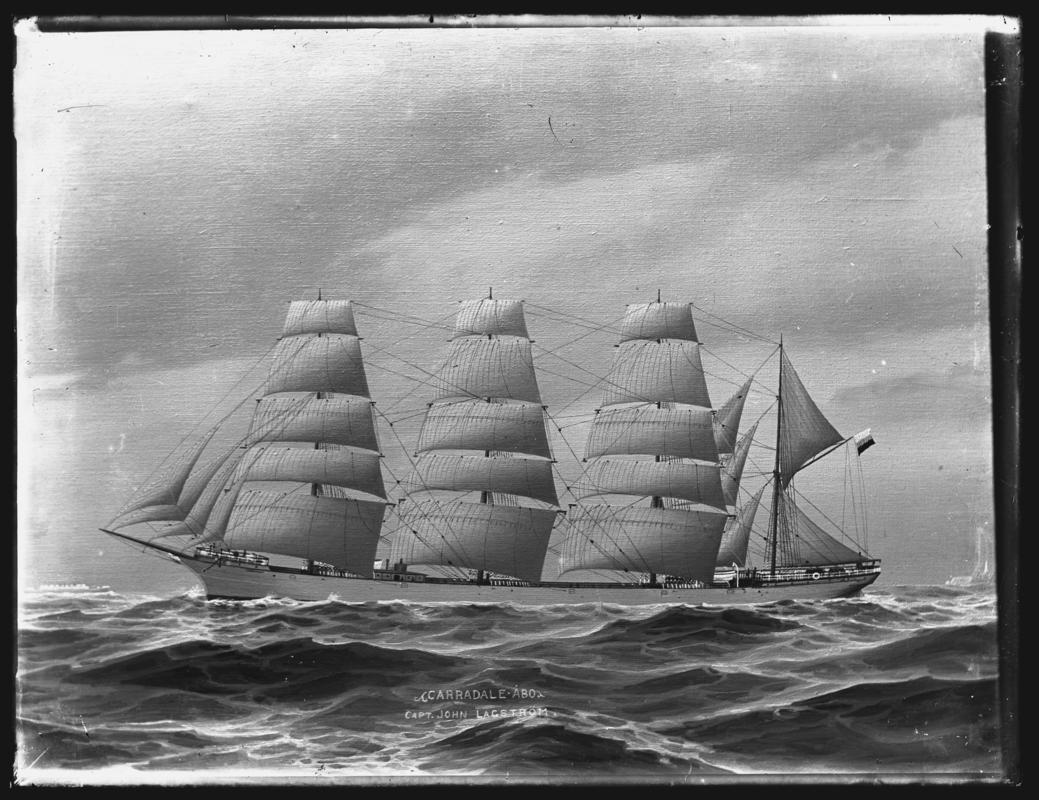Photograph of painting showing a port broadside view of the four-masted barque CARRADALE.  Title of painting - &#039;CARRADALE. ABO / CAPT. JOHN LAGSTROM&#039;.