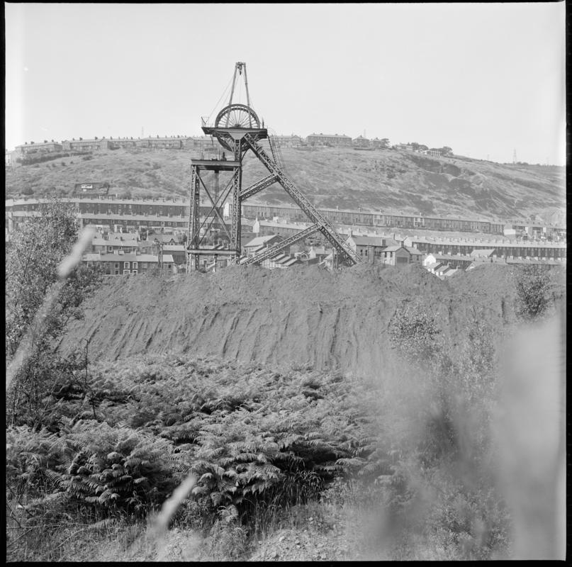 Black and white film negative showing the downcast headgear at Cwmcynon Colliery, 1975.  &#039;Cwmcynon 1975&#039; is transcribed from original negative bag.  Appears to be identical to 2009.3/2446.