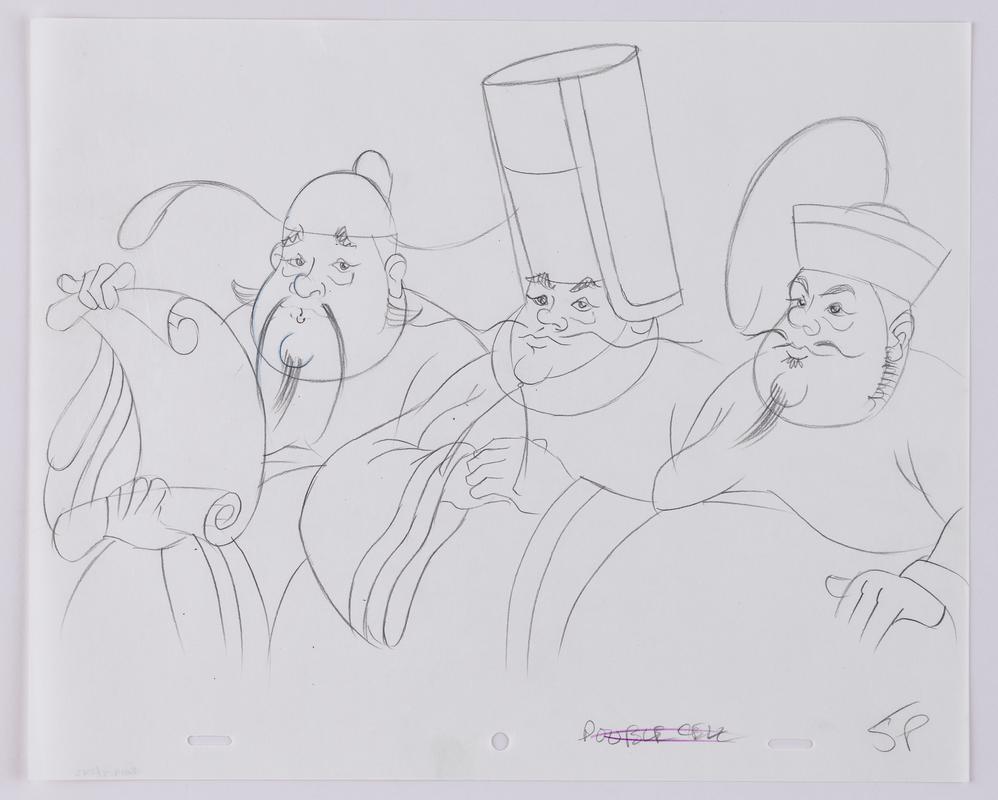 Turandot animation production sketch of three ministers.