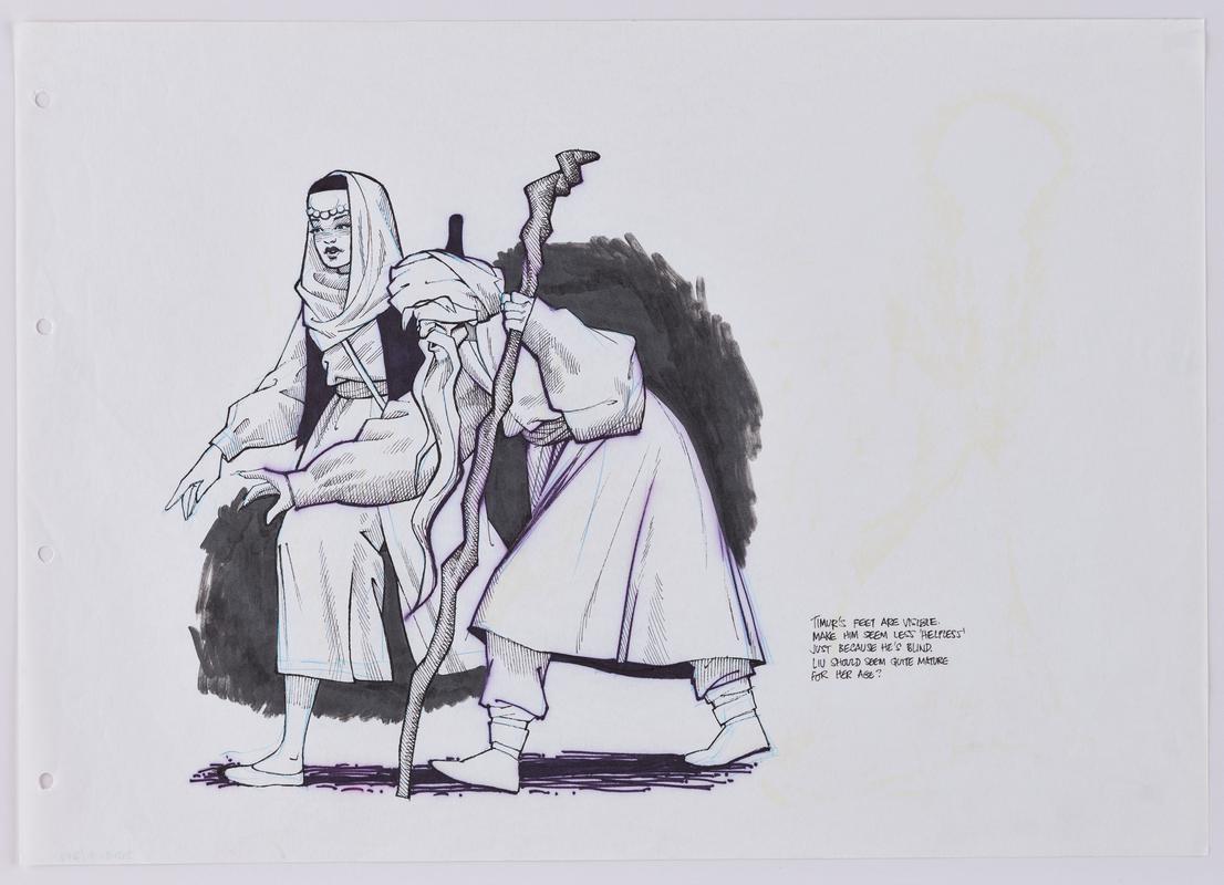 Turandot animation production sketch of the characters Liu and Timur.