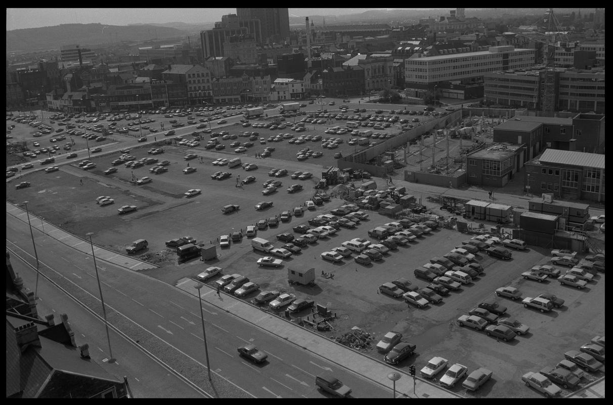 View of Butetown, with car parks to north of Bute Terrace and St David&#039;s Centre in background.